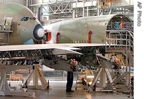 A worker is seen on the Airbus A 380 superjumbo assembly line in Toulouse, southwestern France