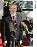 U.S. Assistant Secretary of State Christopher Hill speaks to the media as he arrives at the airport in Beijing Sunday, 21 Jan. 2007