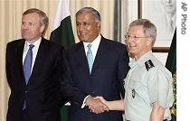 Pakistan's PM Shaukat Aziz, center, shakes hands with NATO's General Bantz John Craddock as Sec-Gen Jaap de Hoop Scheffer, left, looks on during their meeting in Islamabad, Pakistan, 8 May 2007