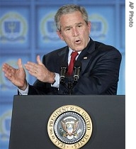 President George Bush addresses an invitation-only crowd of military and civilians at the Naval War College in Newport, Rhode Island, 28 June 2007