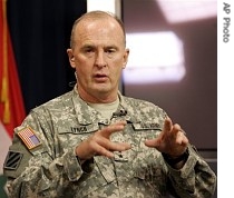 US Major General Rick Lynch briefs the media during a a press conference in the heavily fortified Green Zone in Baghdad, Iraq, 24 June 2007