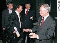 US envoy Christopher Hill, right, talks to reporters after lunch meeting in Beijing, 17 Jul 2007