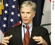 US Ambassador to Iraq Ryan C. Crocker speaks during a press conference after meeting with the Iranian Ambassador Hasan Kazemi Qomi in Baghdad, Iraq, 24 July 24, 2007