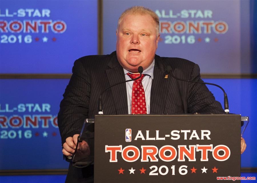 -- Photo taken on Sept. 30, 2013 shows Toronto former Mayor Rob Ford attending a press conference of the NBA 2016 all-star game in Toronto, Canada. The 46-year-old former Toronto Mayor Rob Ford, who became controversially known for his drug and alcohol abuse while in office, has died after battling cancer for years on Tuesday. (Xinhua/Zou Zheng)