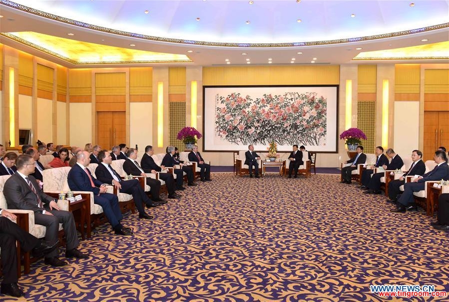 Liu Yunshan, a member of the Standing Committee of the Political Bureau of the Communist Party of China (CPC) Central Committee, meets with European delegates attending the fifth China-Europe High-Level Political Parties Forum in Beijing, capital of China, May 17, 2016. (Xinhua/Rao Aimin)