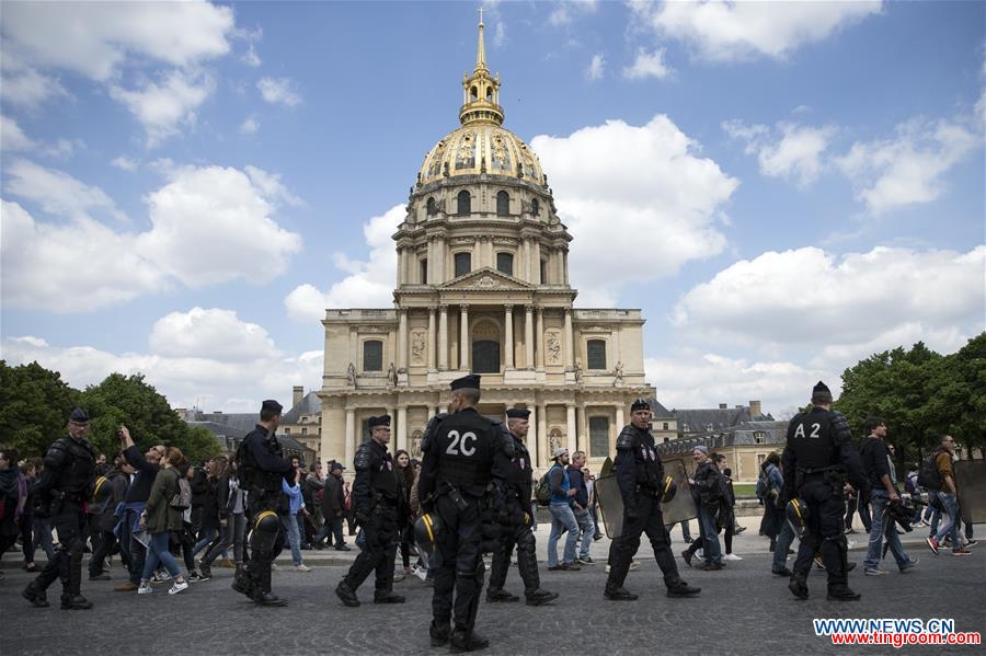 People take to streets to protest against the new labor law in Paris, France on May 17, 2016. In the latest protest against the French government