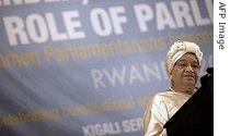 Liberian President, Ellen Johson Sirleaf, gives a speech 22 February 2007 during the opening ceremony of the Women Parliamentarians International Conference in Kigali, Rwanda 