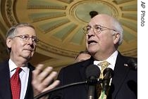 Vice President Cheney, right, speaks to the press about the war in Iraq on Capitol Hill, Tuesday, 24 April 2007 as Senate Minority Leader Mitch McConnell, R-Ky., stands at left