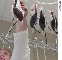 A health worker collects freshly donated blood